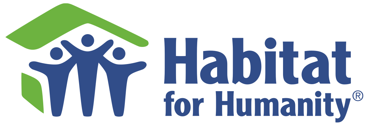 Habitat for Humanity logo: Green roof over three blue figures with arms raised, blue text.