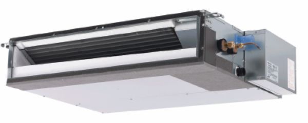 Ceiling-mounted HVAC unit with metal casing and cooling coils.