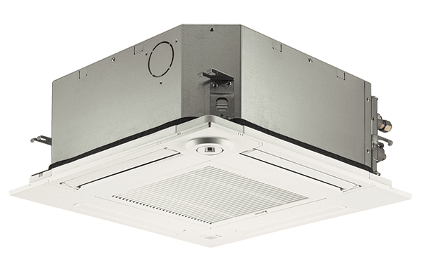 Ceiling-mounted air conditioning unit, white with square vents and gray housing.