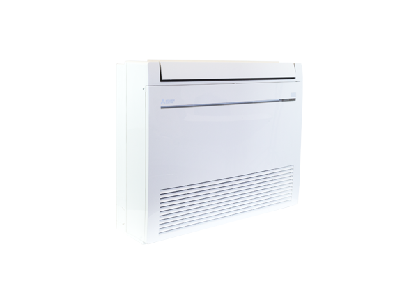 White floor-mounted air conditioning unit against a white background.