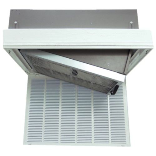 Air filter system with a white frame, opened to display the filter screen.