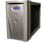 Silver Carrier air purifier with a black filter on the side.