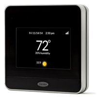 Smart thermostat with a black screen displaying the current temperature of 72 degrees Fahrenheit.
