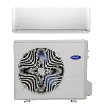 White Carrier ductless mini-split air conditioner; indoor unit above, outdoor unit below.