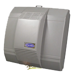 Gray Carrier humidifier. Rectangular, mounted on a wall. Has a blue logo and vents.