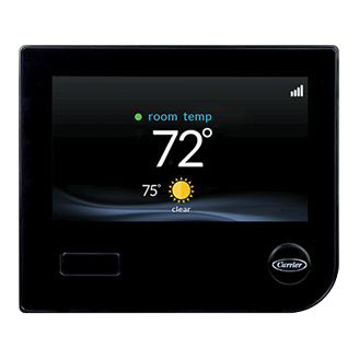 Black Carrier smart thermostat displaying room temperature of 72 degrees Fahrenheit.