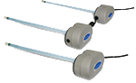 Three gray tank level sensors with blue accents and clear tubes.
