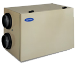 Beige Carrier HRV unit with two black duct ports.