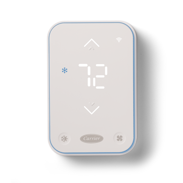 White Carrier smart thermostat displaying 72 degrees, with up and down arrows and snowflake icon.
