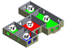 Diagram of a building with rooms colored red, green, and blue, showing temperature readings of 68°, 72°, and 74°.