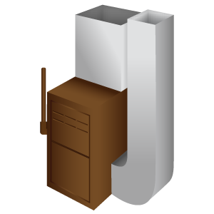 Brown cabinet with handle, topped by a white rectangular structure and a silver, J-shaped element.