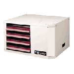 White, rectangular food dehydrator with open front revealing stacked trays of food.