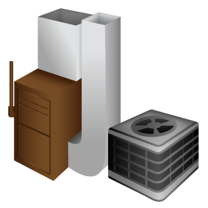HVAC system components: brown furnace, air ducts, and outdoor air conditioner unit.