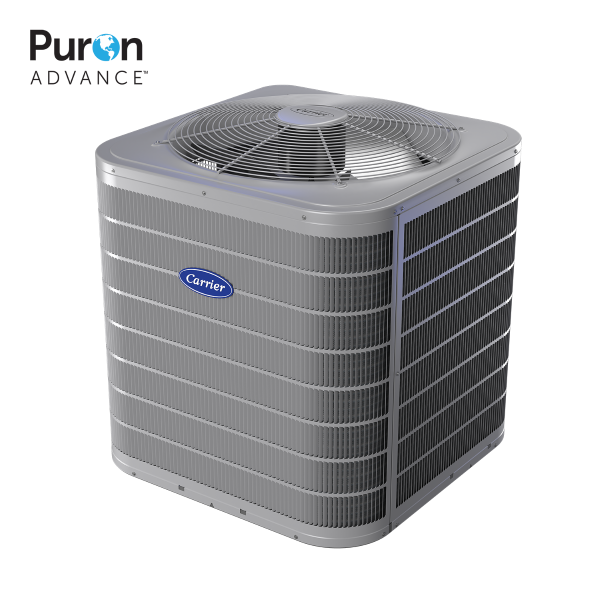 Carrier Puron Advance air conditioning unit, outdoor, gray and black with fan.