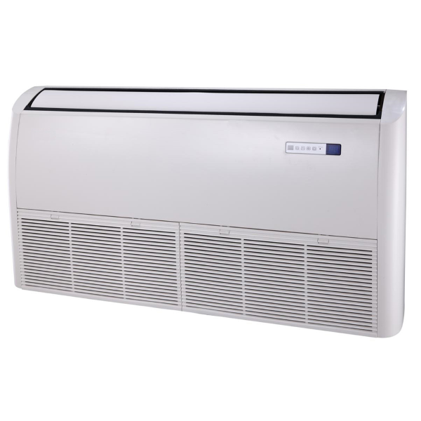 White floor-mounted air conditioning unit with horizontal louvers at the bottom and a control panel.
