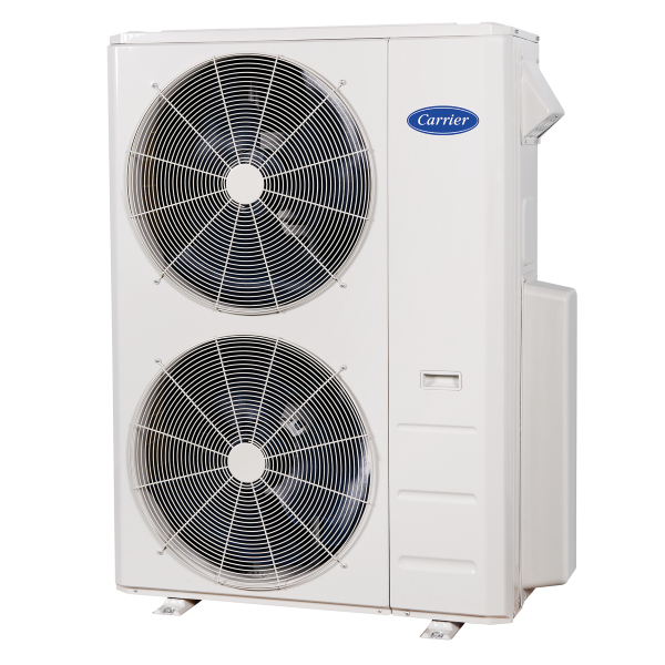 White Carrier outdoor HVAC unit with two fan blades, on a white background.