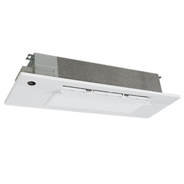 White ceiling-mounted air conditioning unit with vents and a rectangular filter, viewed from a low angle.