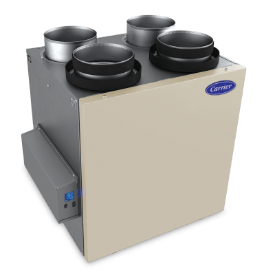 Carrier brand heat recovery ventilator, gray metal box with intake/exhaust ports and digital display.