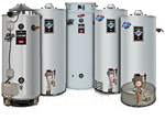 Five different water heaters of various sizes and brands.