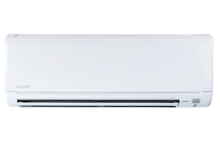 White Mitsubishi ductless air conditioning unit.
