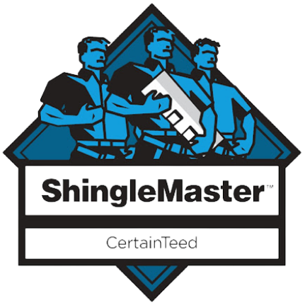 ShingleMaster certification logo. Three blue figures holding roofing materials. CertainTeed branding.