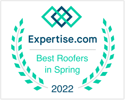 Expertise.com award: Best Roofers in Spring, 2022. Teal wreath surrounds text and logo with interconnected teal/blue squares.