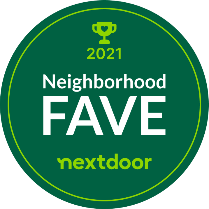Green circle with "Neighborhood FAVE" and "nextdoor" logo, 2021 award.