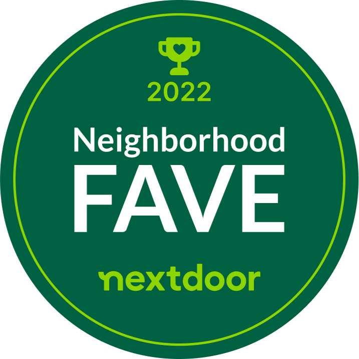 Green circular badge: "2022 Neighborhood FAVE" award from Nextdoor. Trophy icon in green.