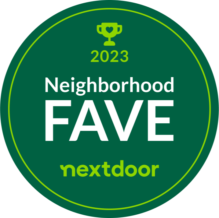Green "Neighborhood Fave" badge from Nextdoor, featuring a trophy icon and the year 2023.
