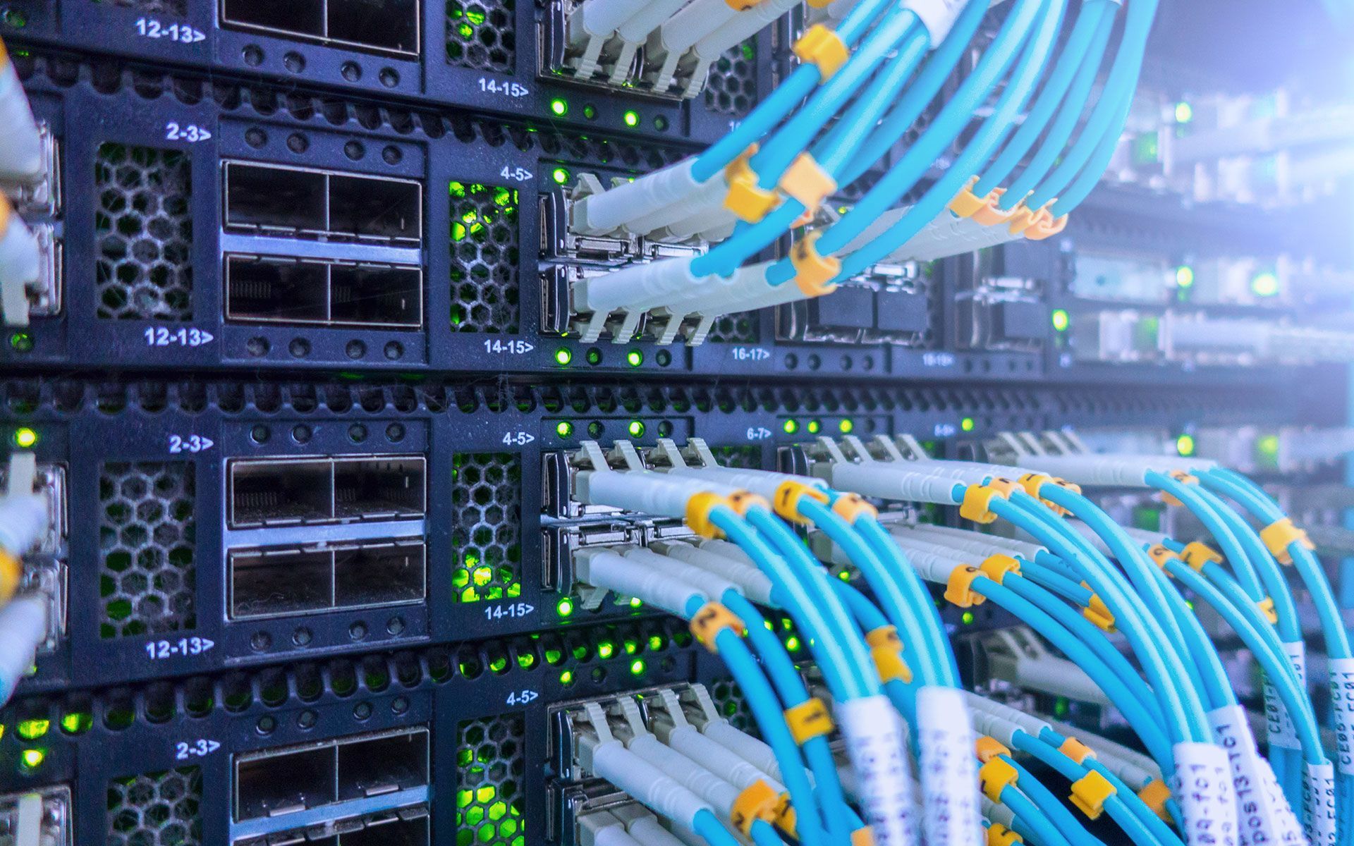 A bunch of cables are connected to a server in a data center.