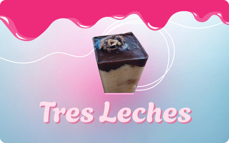 A pink background with a cup of coffee and the words 3 leches