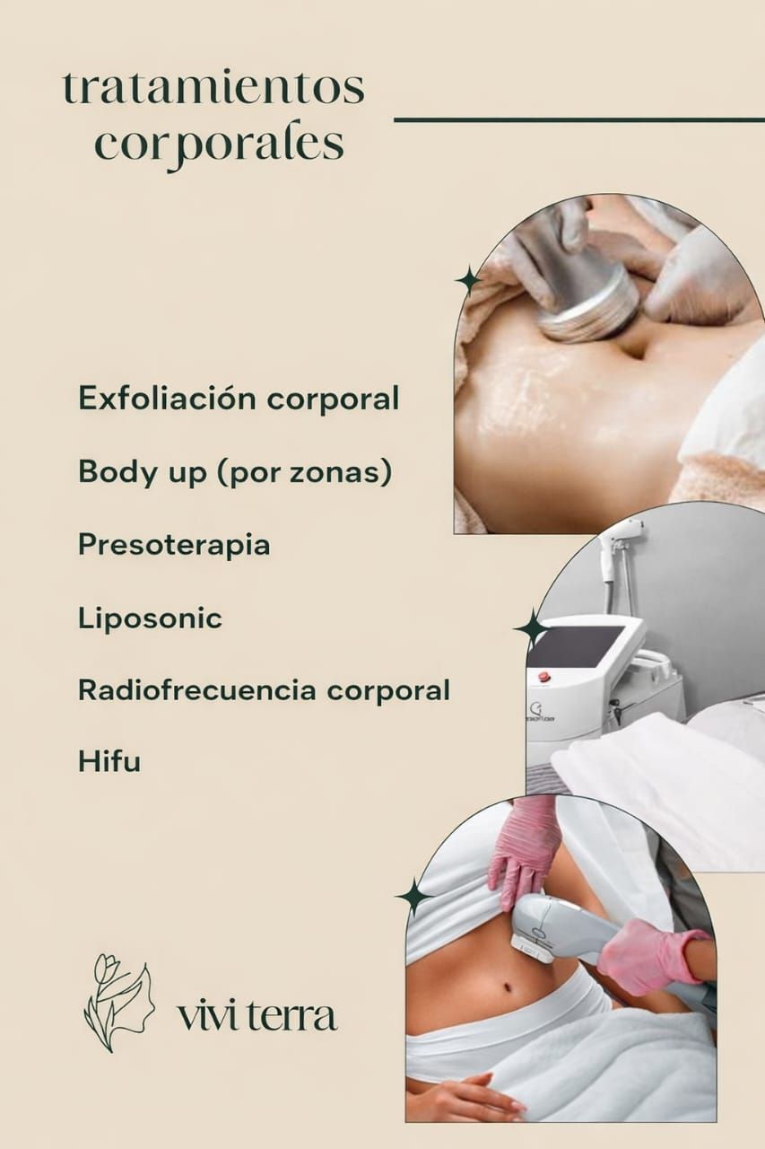 Menú de tratamientos corporales, que incluyen exfoliación y servicios láser, ofrecidos por Vivi Terra