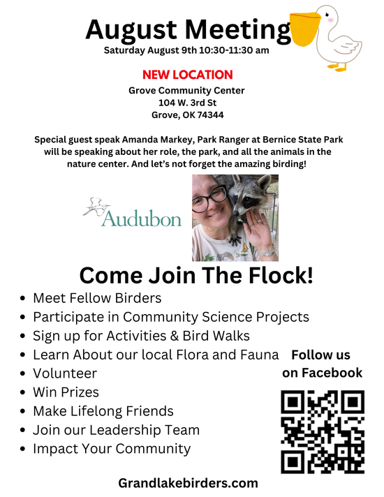 Flyer for the August meeting of Grand Lake Birders, held in Grove, OK, with a speaker from Bernice State Park, featuring event details and reasons to join.