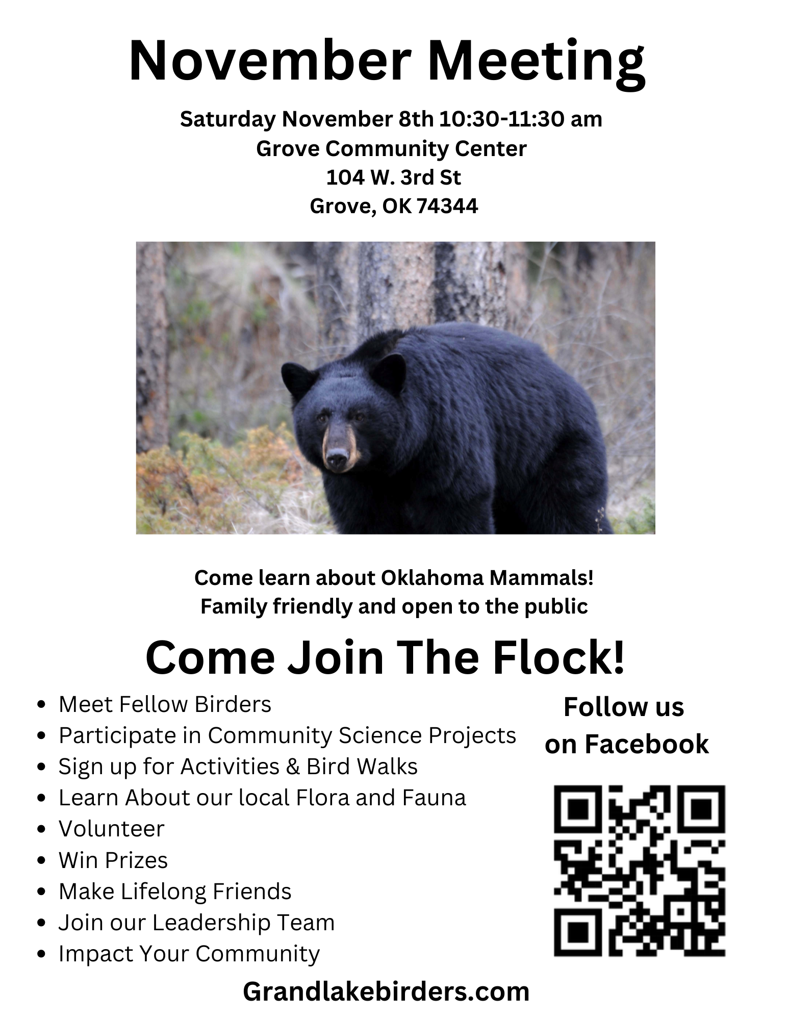 Flyer for a November meeting about Oklahoma mammals. Features a bear photo, meeting details, and a QR code.