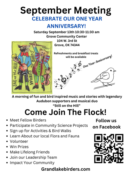 Flyer for Grand Lake Birders' one-year anniversary meeting in Grove, OK, with activities, music, and community science.