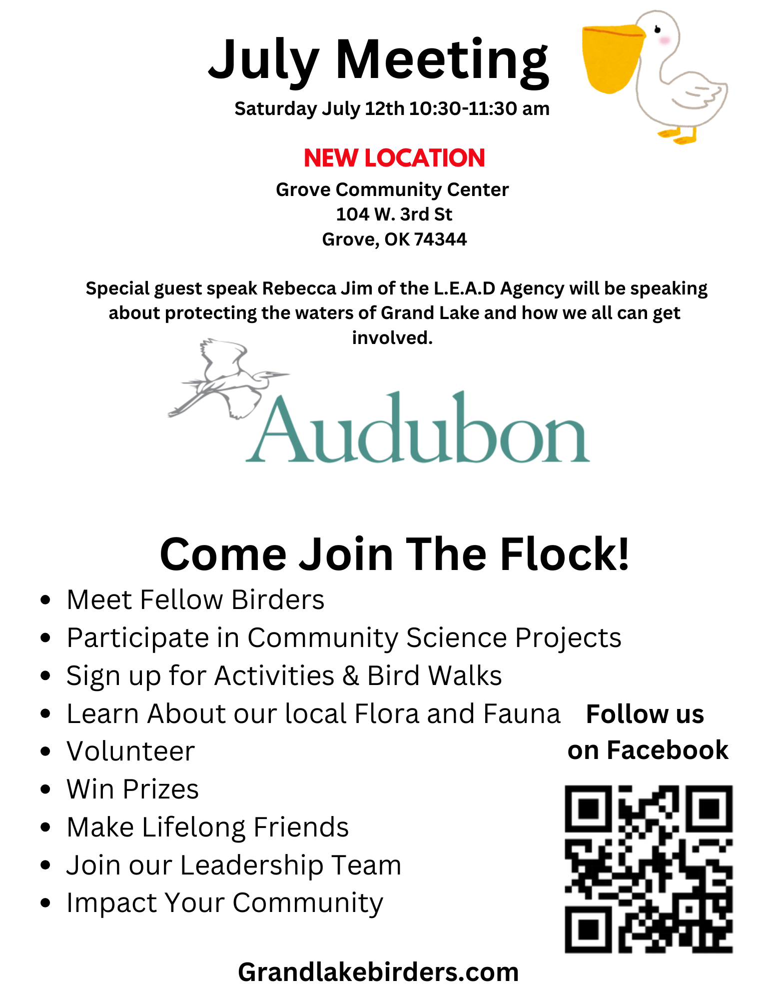 A flyer for a july meeting asking people to come join the flock.