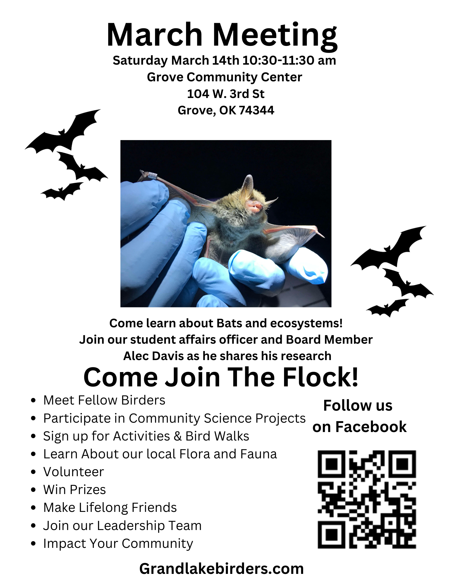 Poster for a March meeting, featuring a bat, at Grove Community Center, OK. It says