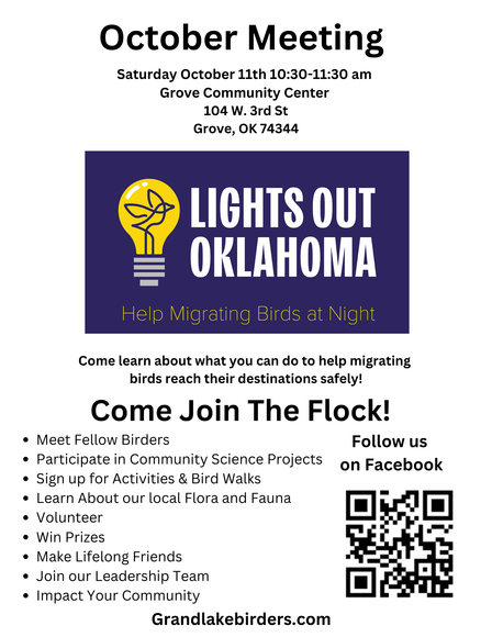 Flyer for October meeting of Grand Lake Birders: lights out Oklahoma, Grove Community Center, October 11.