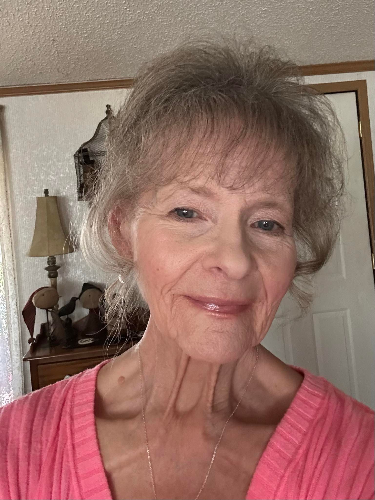 A woman in a pink sweater is taking a selfie in a living room.