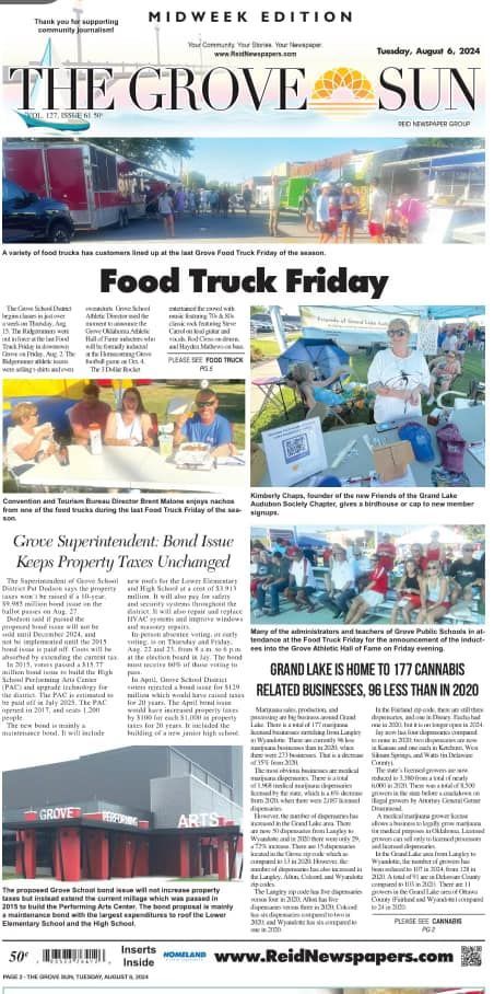 The front page of the grove sun newspaper on food truck friday.