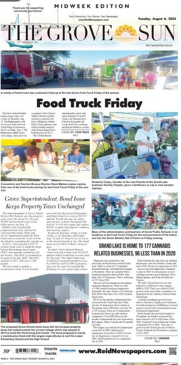 The front page of the grove sun newspaper on food truck friday.