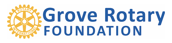 The logo for the grove rotary foundation is blue and yellow.
