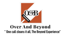 Over And Beyond logo with orange square, black-and-white emblem, and tagline &ldquo;One call cleans it all, The Beyond Experience&rdquo;