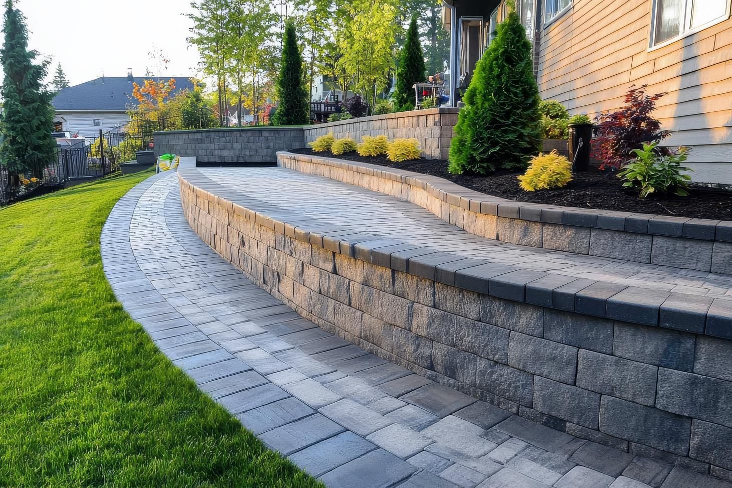 Stone steps and walkway leading to a house, with retaining walls, green grass, and landscaping.
