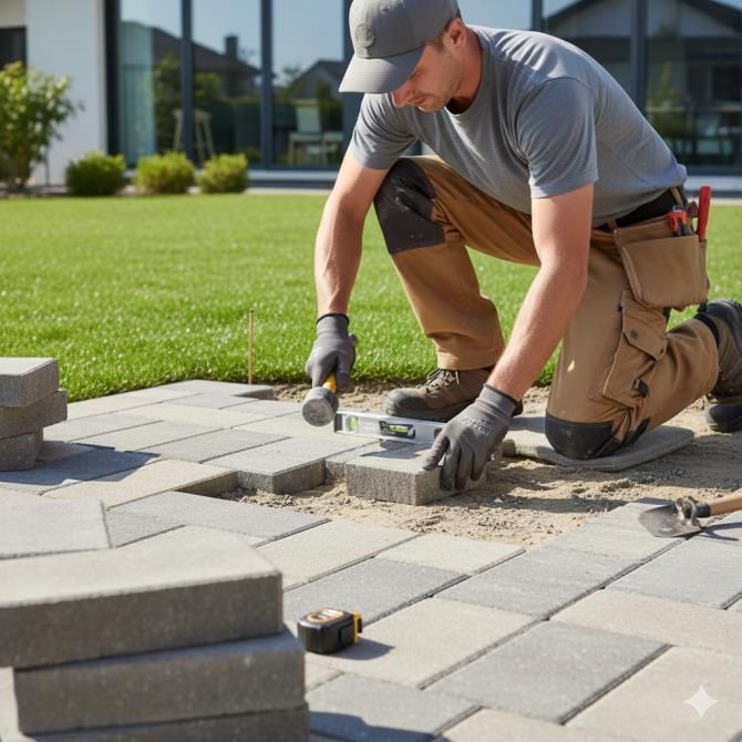 A man wearing gloves is laying bricks on a stone wall.