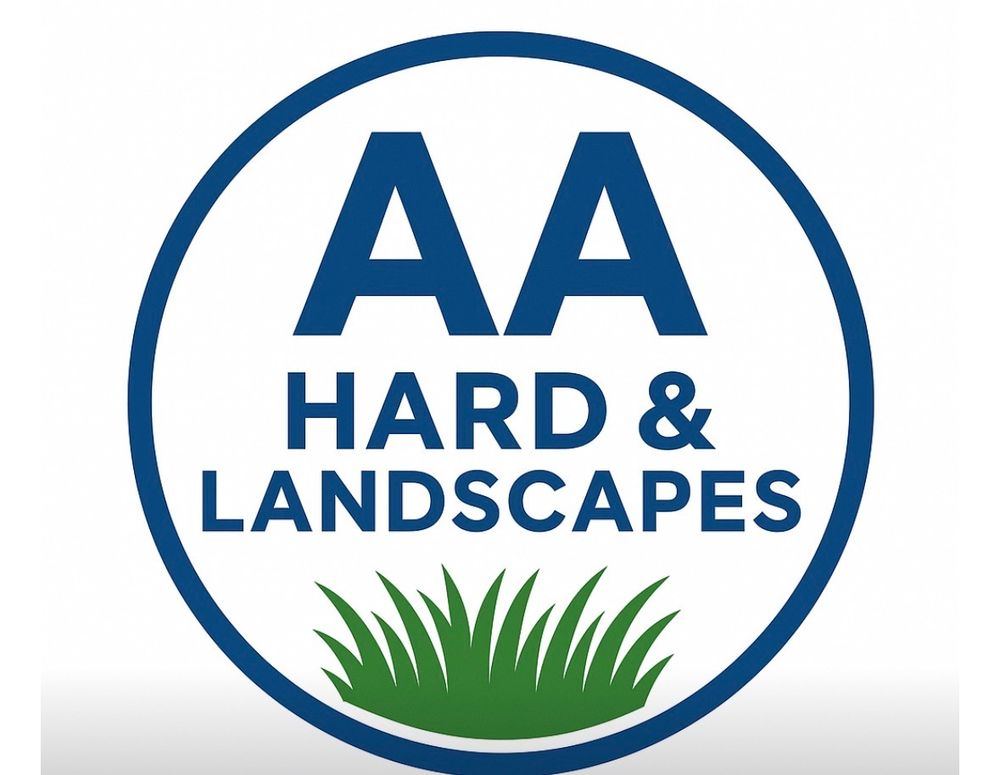 Blue circle logo for "AA Hard & Landscapes" with text, grass illustration.