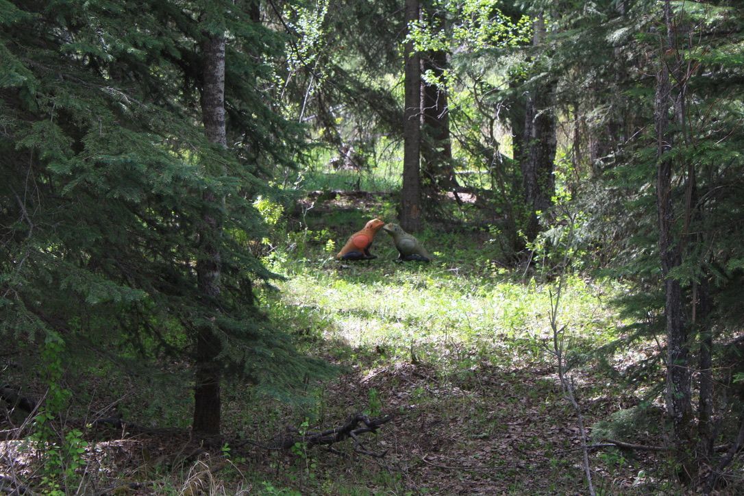 A fox is standing in the middle of a forest.