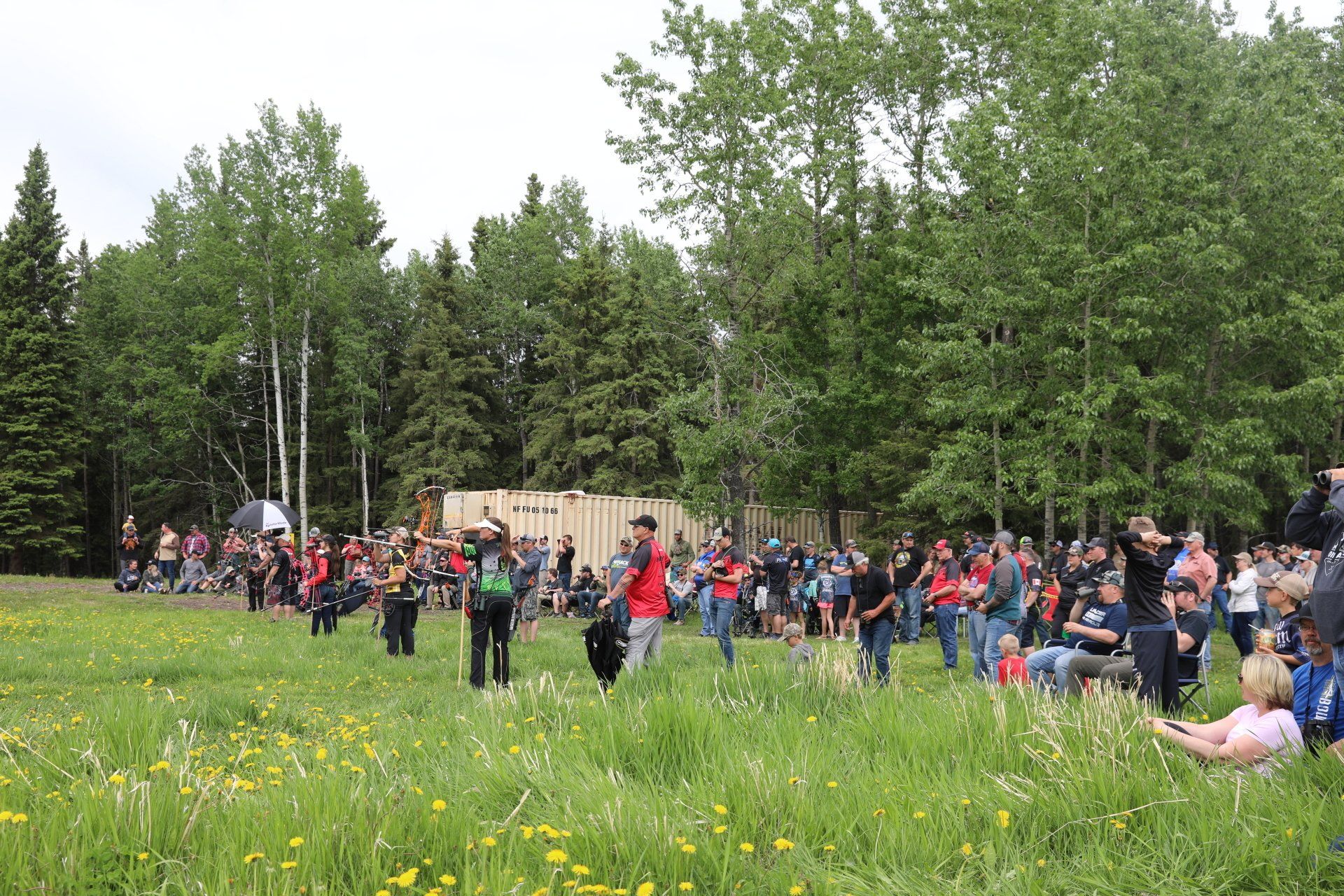 A large group of people are standing in a grassy field.