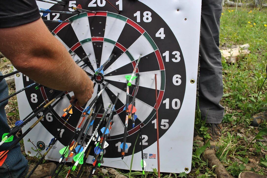 A person is holding a dart board with arrows on it.