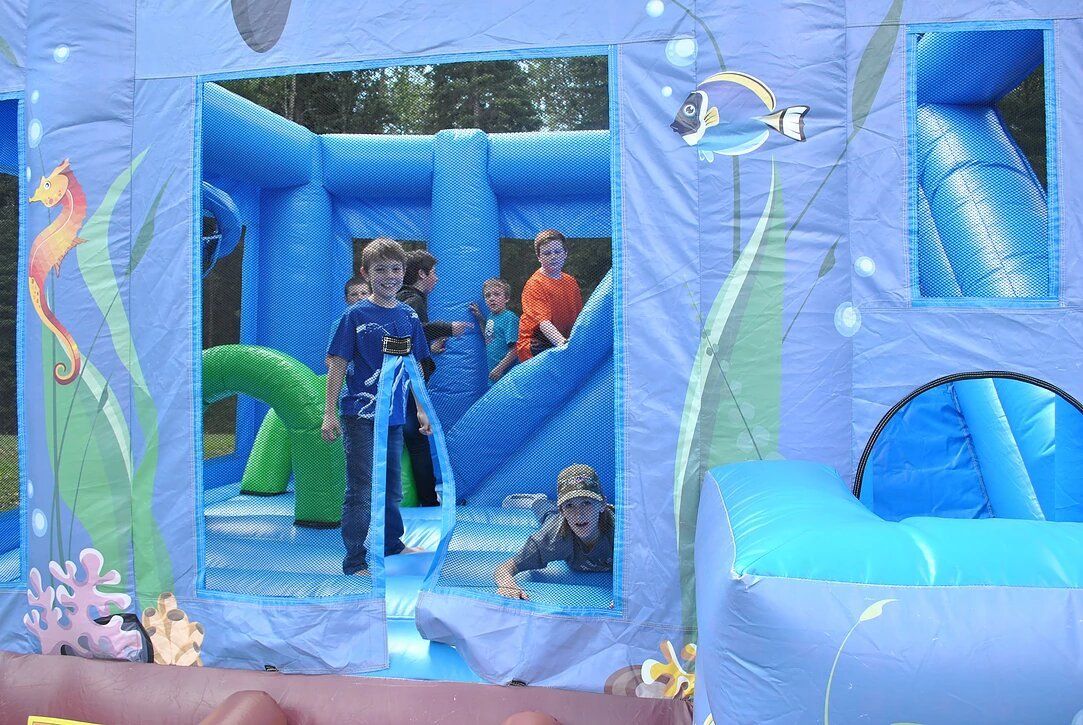 A group of children are playing in an inflatable castle.